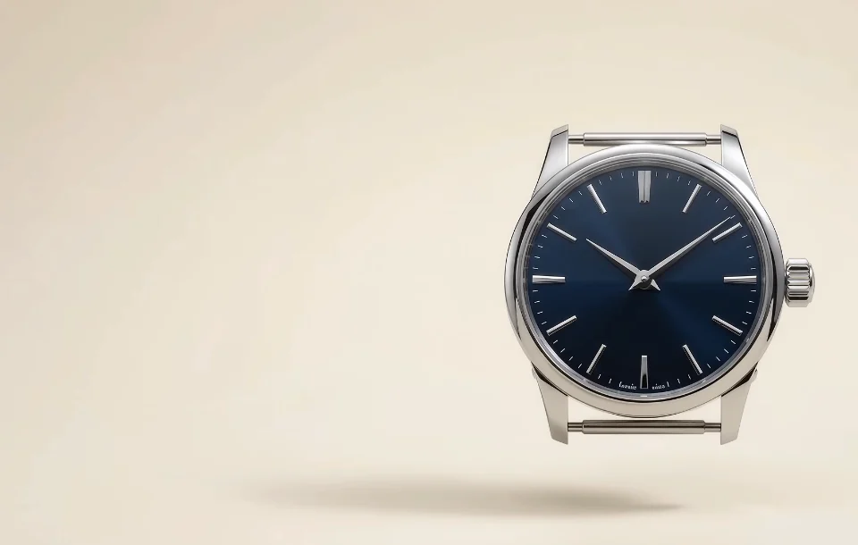 The Penrova watch, taken apart into crystal, bezel, dial, movement, case, crown and caseback