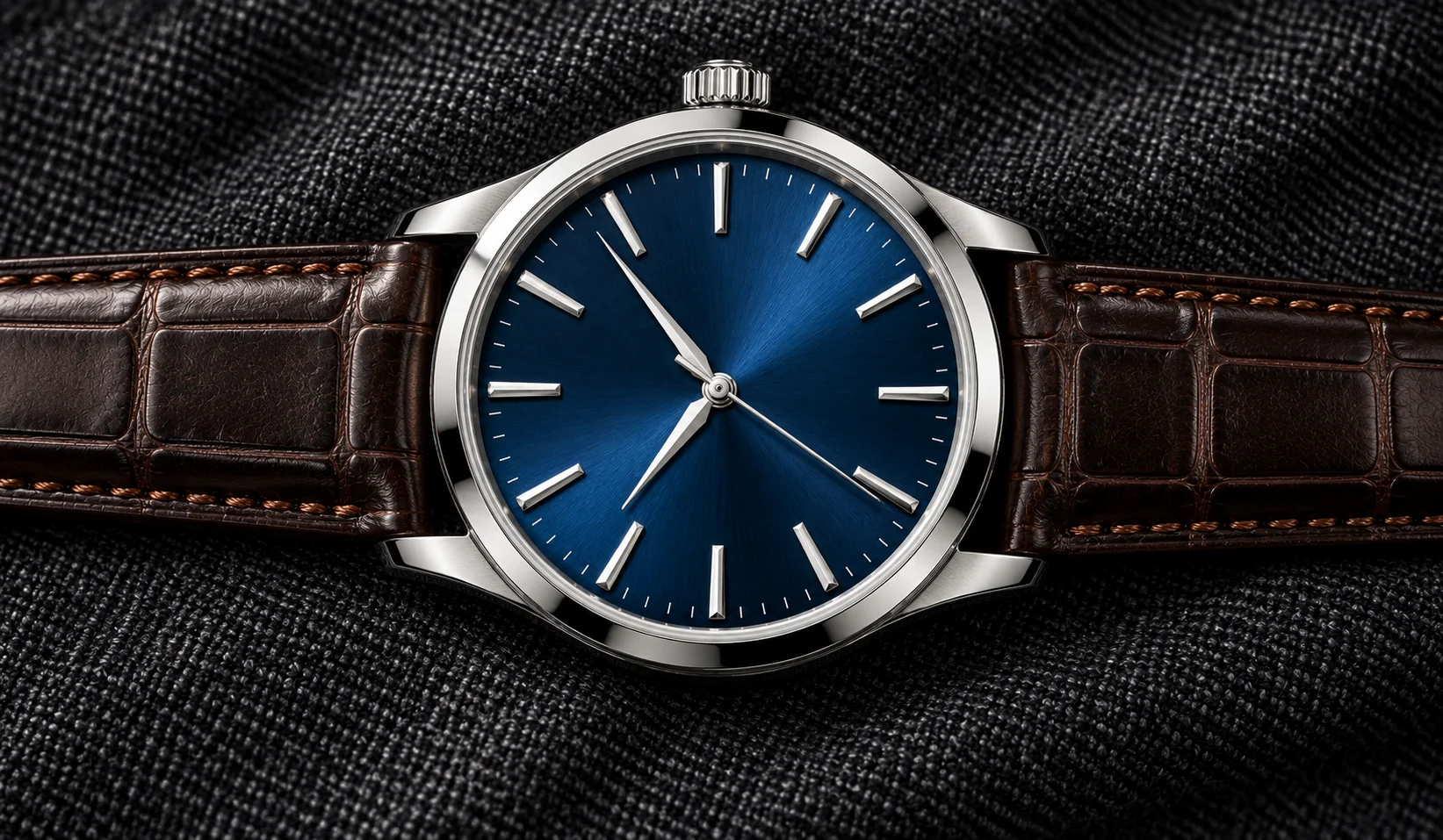 The dial photographed from directly above on charcoal cloth